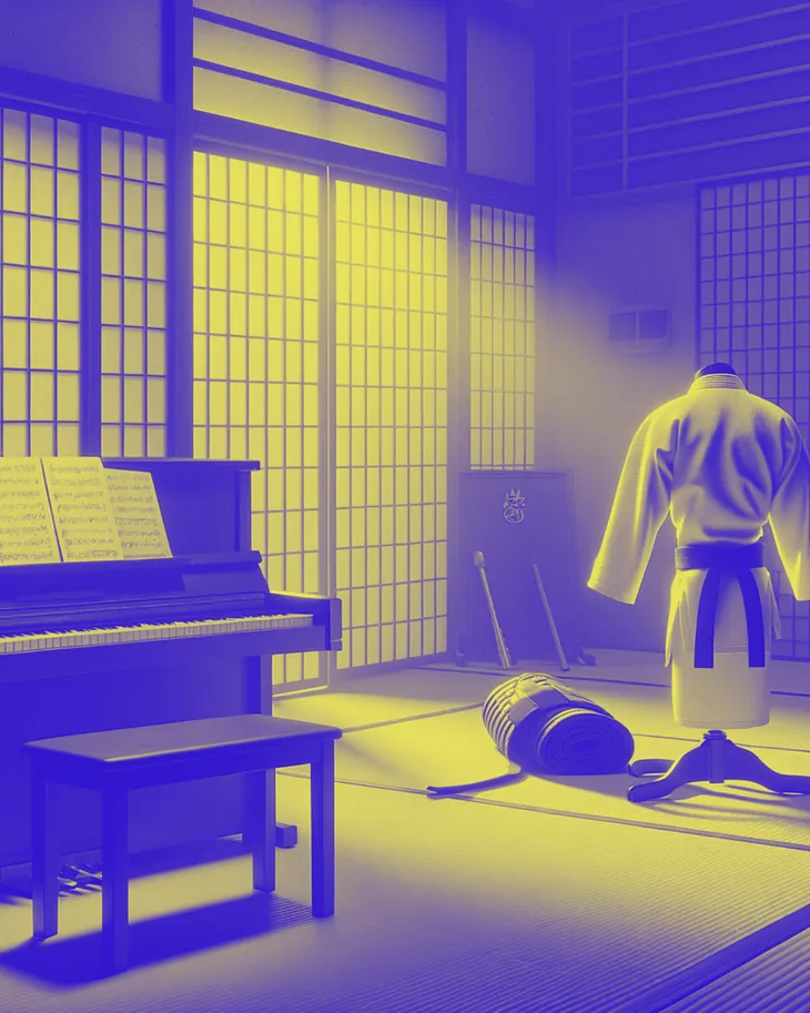 music practice like martial arts practice have many parallels music studio with piano and dojo with gi and piano