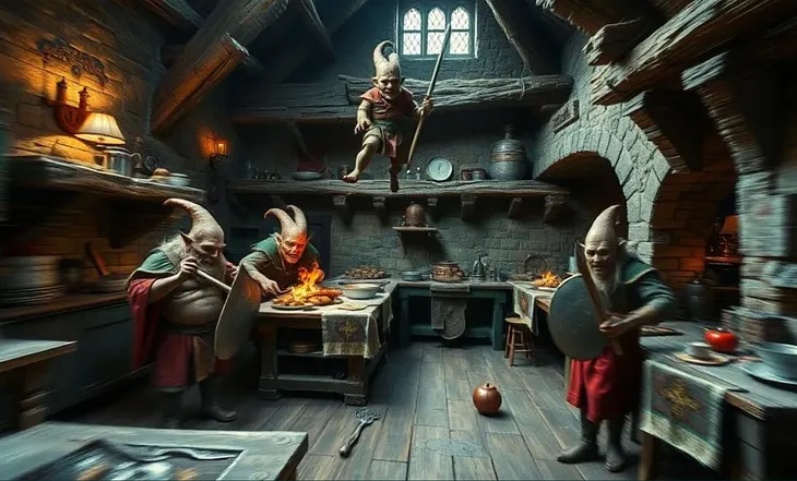 A greoup of goblins invading a kitchen