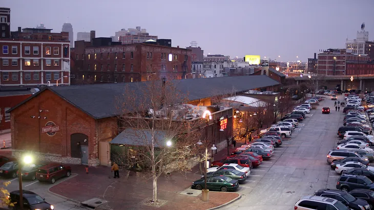 An evening view of the Freight House in Kansas City, Missouri