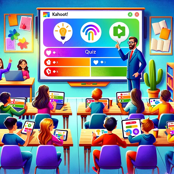 A lively and colorful classroom scene where diverse students engage with Kahoot! on their devices, led by an enthusiastic teacher. The room embodies the spirit of fun, interactive learning through technology.