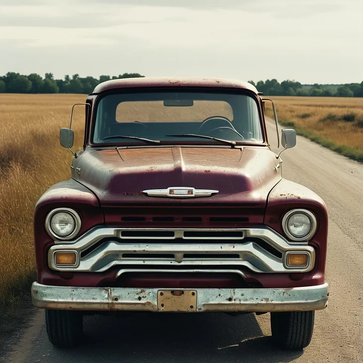 Front-facing image of a 1960s, maroon pickup sitting on a dirt road surrounded by golden fields.