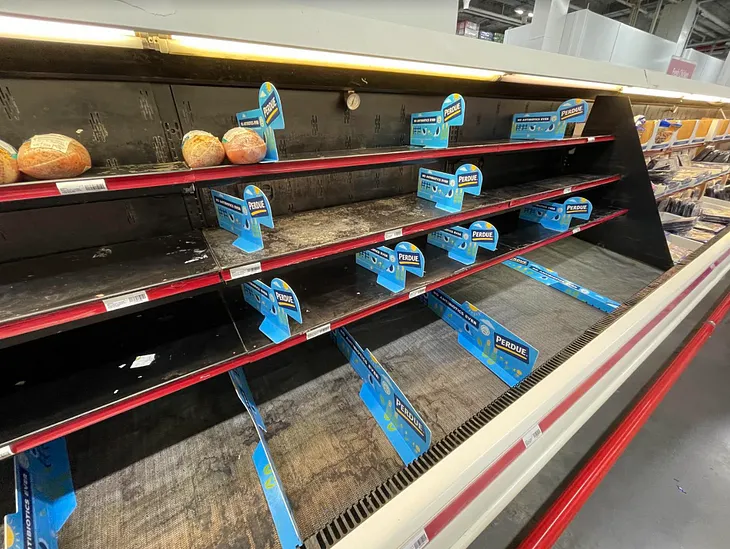 Empty shelves of chicken meat at the supermarket