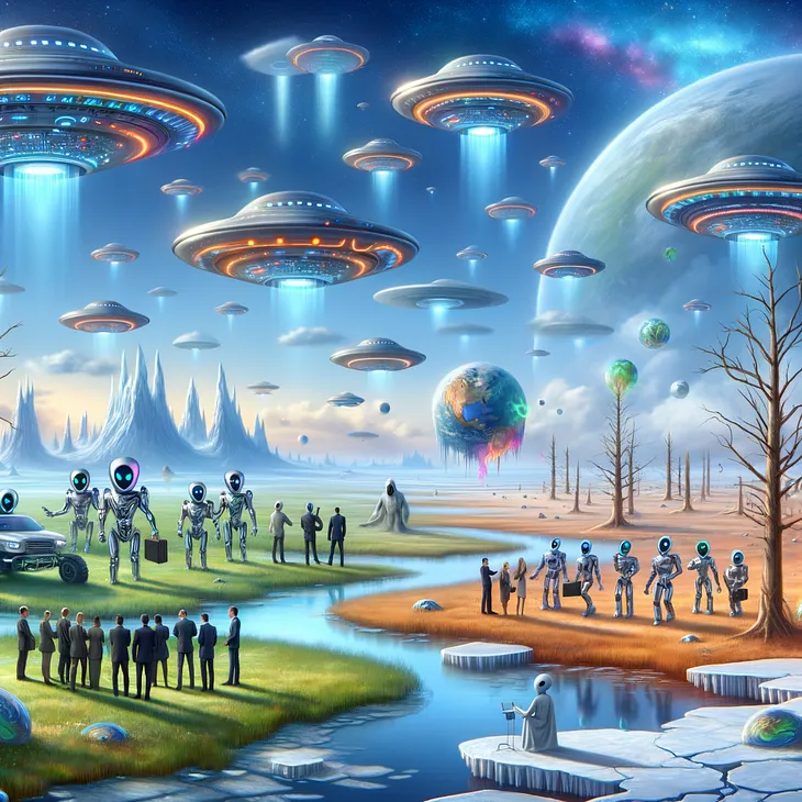 a landscape with flying saucers, ufos, androids and humans