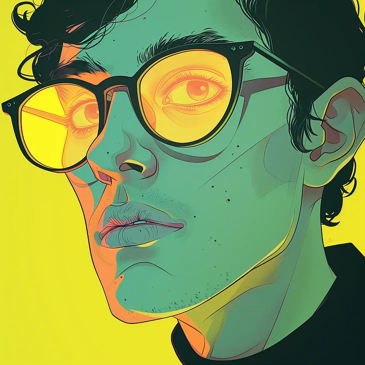 21w a medium close up of a creative director in green and yellow cold colors by Asaf Hanuka