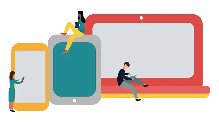 Illustration of three learners with mobile devices and oversized mobile devices in the background.