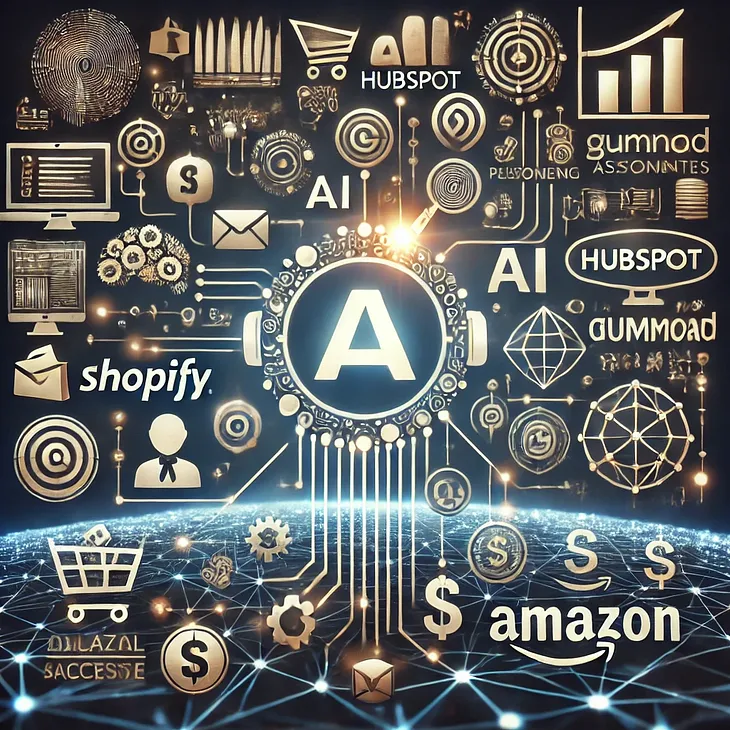 An image illustrating the synergy of AI tools in online business success, featuring icons of Shopify, HubSpot, Gumroad, and Amazon Associates connected by digital networks, growth graphs, and dollar signs symbolizing revenue generation.