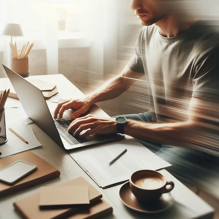 A persontyping quickly on a laptop at a well-lit minimalist desk focused on fast writing and creativity.