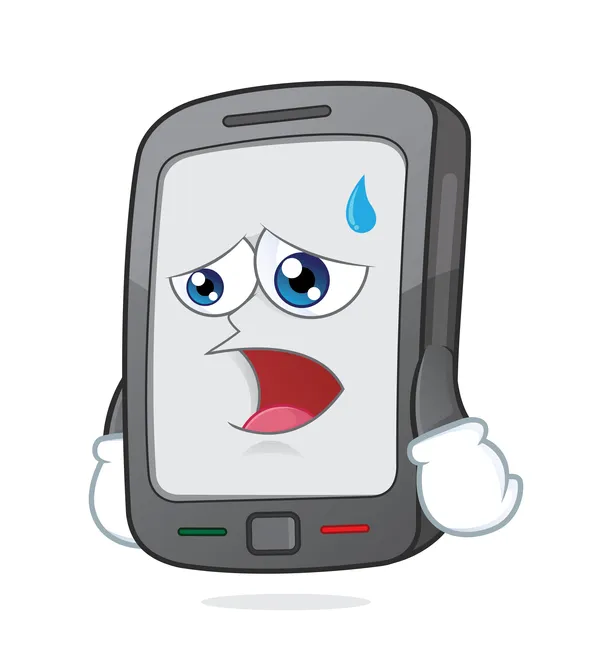 A cute little cell phone looks sad and sighs as adrop of sweat falls from its brow.