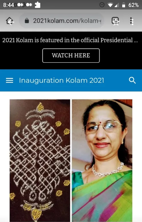 Kolam (Rangoli) made with rice powder and turmeric powder by the author Lalitha Brahma and picture of Lalitha Brahma