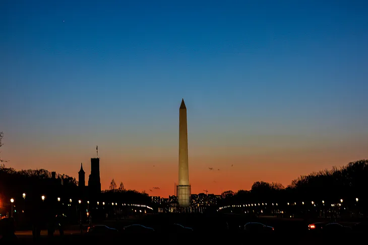 Predawn image of the Washington Monument in DC with lots of ambient color