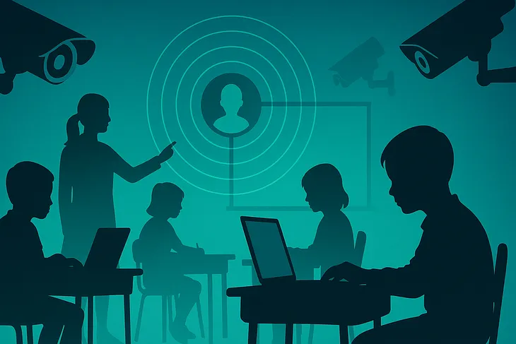 Silhouetted children seated in a classroom under surveillance, surrounded by glowing blue-green screens and cameras suggesting monitoring and control.