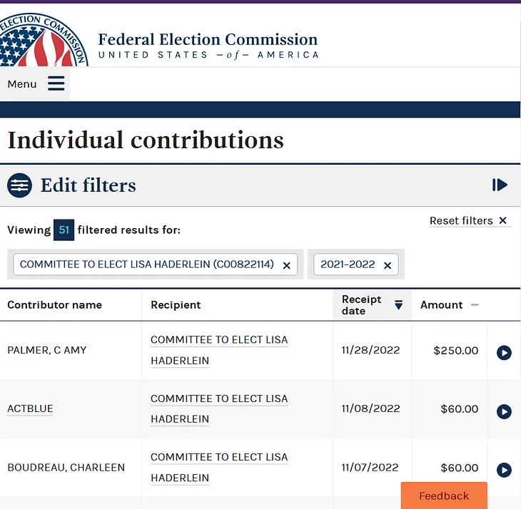 FEC website individual contributions for a cantidate