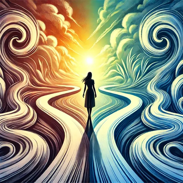 This image depicts a woman standing at a symbolic crossroads. On the left, one path is dark, rigid, and narrow, representing perfectionism. The other path, on the right, is bright, free-flowing, and vibrant, symbolizing vulnerability and creativity. The woman stands confidently at the center, facing the brighter path. The background transitions from gloomy, dark tones on the left to clear, open skies on the right, symbolizing a journey toward freedom and personal empowerment.