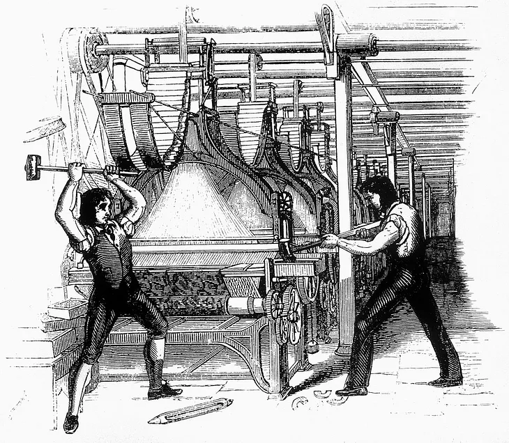 An old picture of two men smashing an industrial machine with large hammers