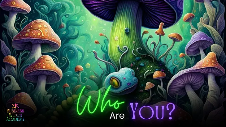 Image of caterpillar under mushrooms generated with the assistance of Night Café AI and Canva exclusively for Cheryl Evans, Business Witch Academy, “Who Are You? How to Clearly and Concisely Self-Identify in Sales Pitches and Social Bios”