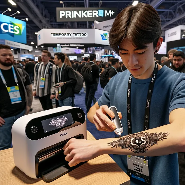 Man at CES 2024 is printing temporary tattoo on his arm