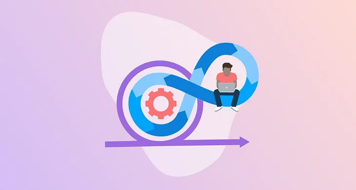 A developer sits comfortable on the DevOps infinity loop, typing on their laptop.