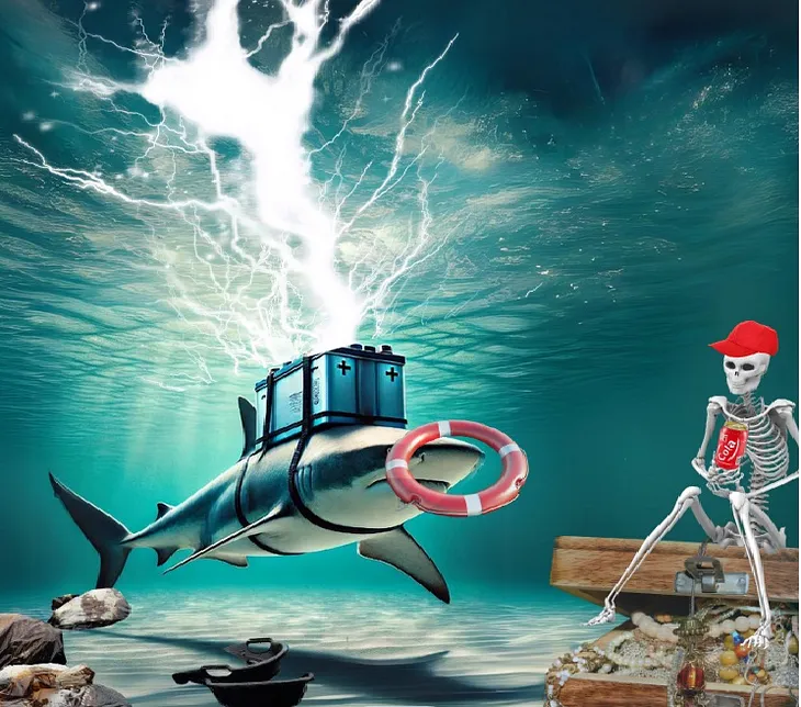 Shark swimming underwater with a huge arcing battery strapped to its back. A skeleton sits on a treasure chest holding a can of diet coke. He’s wearing a red cap.