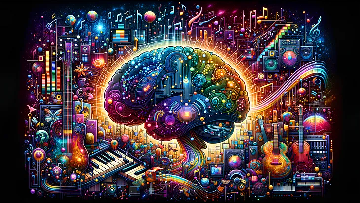 Futuristic fusion of music and AI in vibrant detail