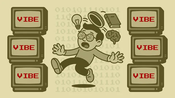 Retro-styled digital illustration of a cartoon man floating mid-air with his head open, losing a brain, book, and lightbulb. Surrounded by CRT monitors flashing the word ‘VIBE’ in red, with binary code in the background — illustrating the loss of learning in a tech-driven, emotionally immersive culture.