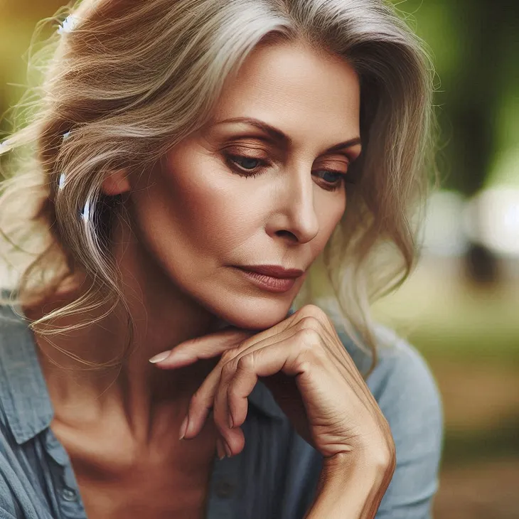 Photo-realistic image of an older woman deep in thought with an outdoors background