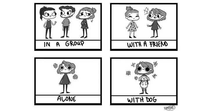 A 4 panel comic strip shows an introvert in a group, with a friend, alone and with dog