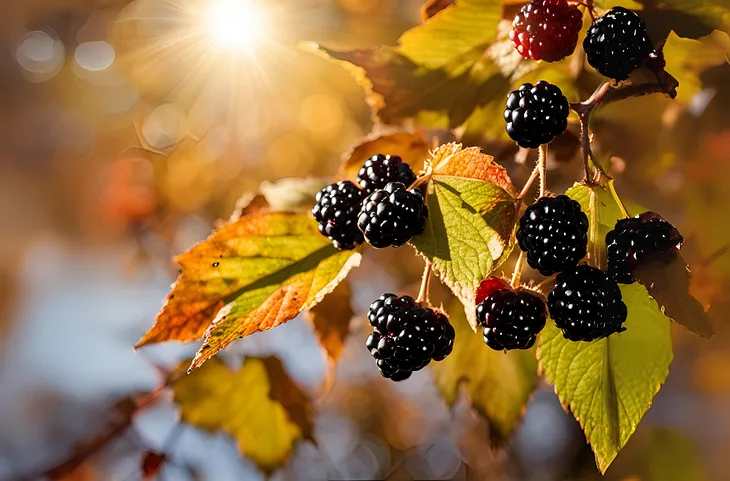 An autumn scene of blackberries on a bush with browning leaves, in a beautiful sunlight that creeps between the leaves.