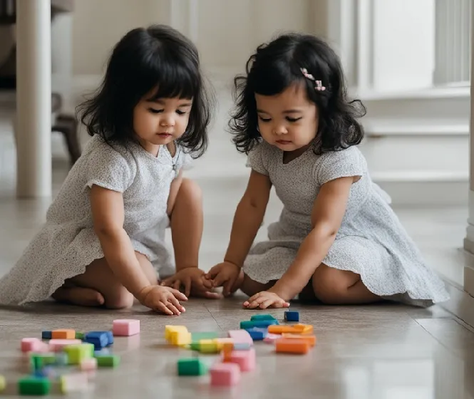 Picture of two little girls playing with toys on the floor.