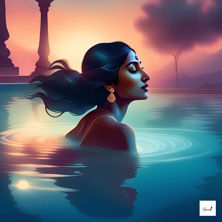 A dreamy colour painting of a woman swimming in a pool