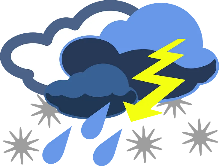 A weather icon: blue drops of rain, a yellow lightning bolt, grey spikes of sleet, and dark clouds.