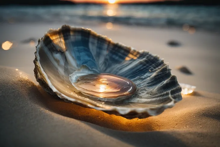 An image of A single grain of sand nestled inside a cracked oyster shell, with a soft glow emanating from within.