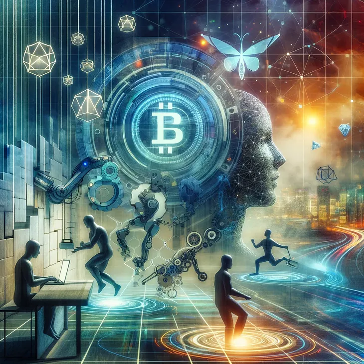 This image illustrates the convergence of emerging technologies and professional skills in a futuristic setting. It symbolically represents Artificial Intelligence, robotics, and blockchain influencing human figures who are evolving in a dynamic, technological environment. The scene exudes innovation and transformation, highlighting the fusion of technology with human skills in a modern, abstract environment.