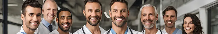 Friendly Male Nurses in different ages smiling, wearing work clothes.