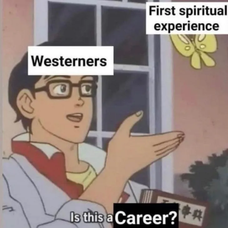 spirituality anime meme where there is a man in glasses with the label “westerners” and he’s looking at a butterfly that has a label readings “first spiritual experience” and there is a label at the bottom that says, “is this a career?”