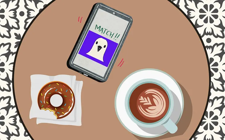 coffee and donut on table with bird matching on app.