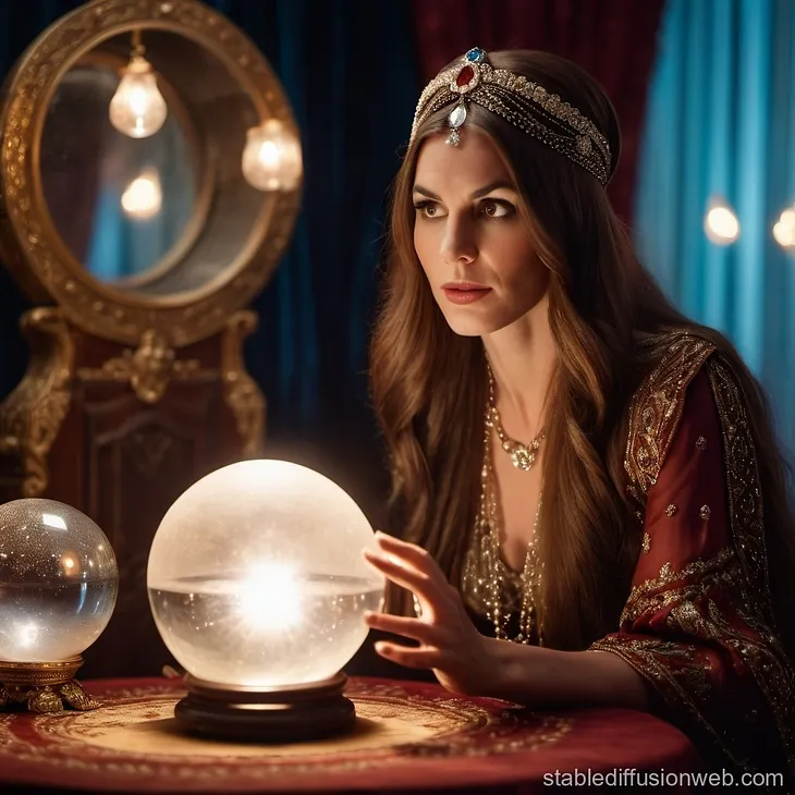 A woman fortune teller with a crystal ball in front of her.