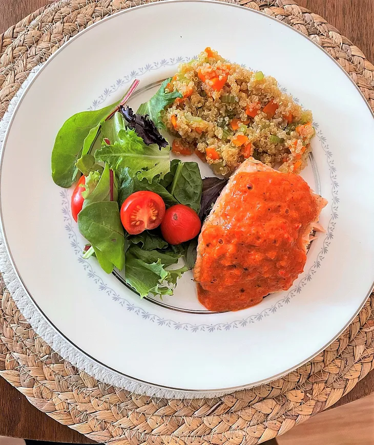 Rosemary Garlic Salmon + Red Pepper Sauce + Quinoa + Salad