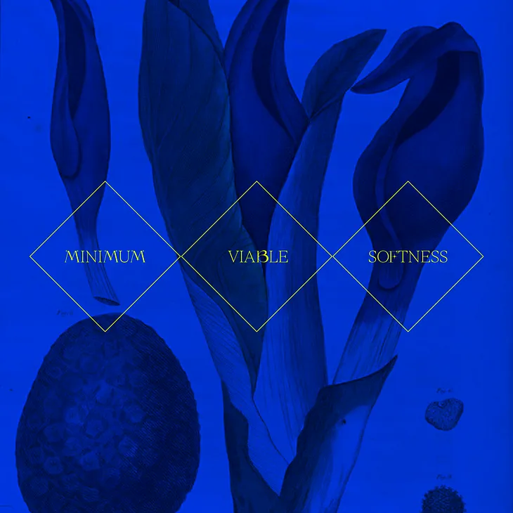 Three yellow diamonds in a row on a dark blue background of botanical drawings. Each diamond contains one word in yellow: ‘minimum’, ‘viable’, and ‘softness’, from left to right.