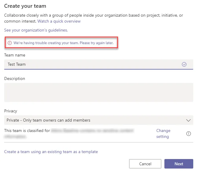 Non-admin users cannot create more than 250 Teams…