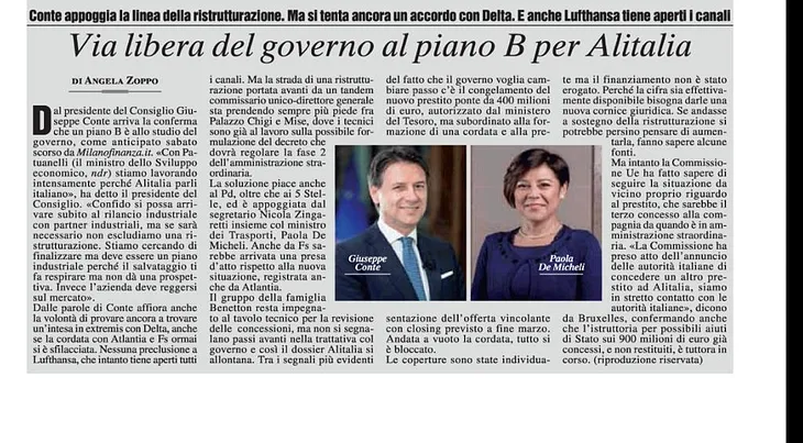 Alitalia today 26th November 2019 in the Italian Press