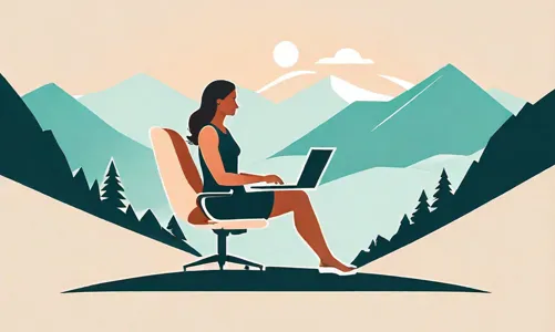 Woman at a computer with mountains in the background