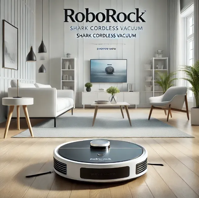 Image showing the Roborock Qrevo Master robotic vacuum in a modern home, with ‘Shark Cordless Vacuum’ text displayed.