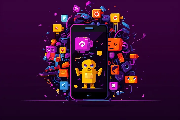 a pop art illustration of a smartphone surrounded by social icons and an angry robot
