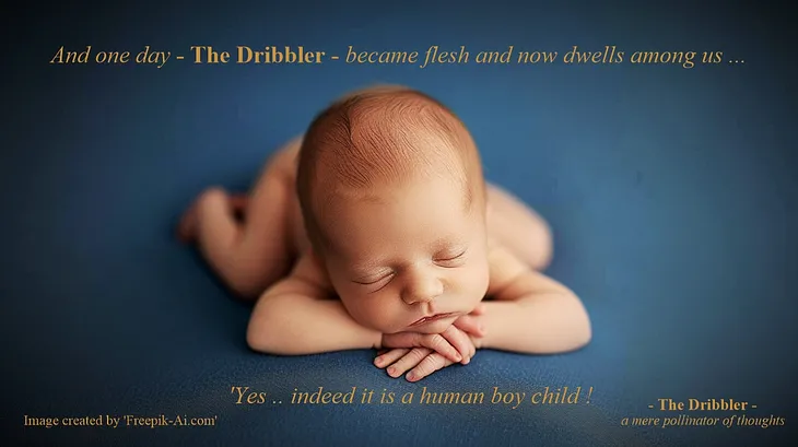 A naked infant lies on his belly with hands crossed beneath his chin, having eyes closed much like when asleep, all on a blue table top