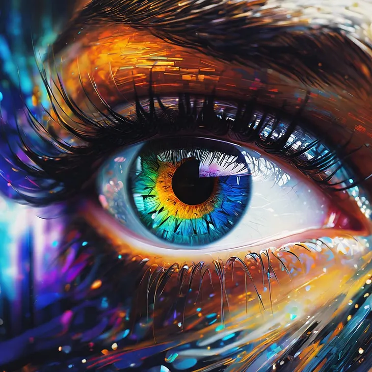 A close-up of an eye, with reflections of digital code and distorted images within the pupil, symbolizing Sanjay’s awakening to the artificial nature of his world