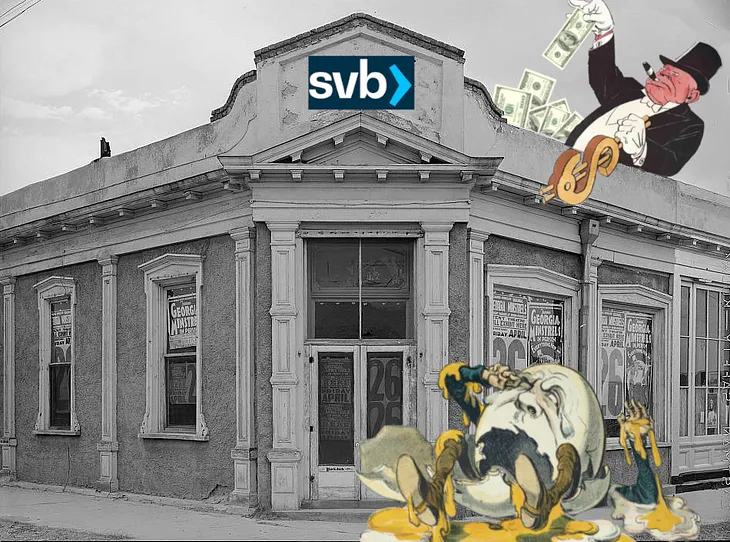 An old fashioned corner bank. Its sign has been replaced with the SVB logo. Peeking above the bank is an ogrish caricature of a capitalist in a top-hat, yanking on a golden, dollar-sign-shaped lever. He holds aloft a $100 bill, which he has plucked from a boquet of C-notes poking out from the bank roof. Below him is a weeping, shattered Humpty Dumpty, sitting in a pool of tragic yolk.