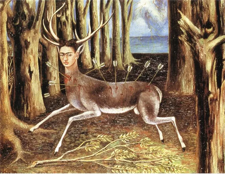 Painting of a deer with nine arrows along its spine and chest, the female face of Frida Kahlo, and antlers, surrounded by dead trees with a body of water in the background and a storm on the horizon