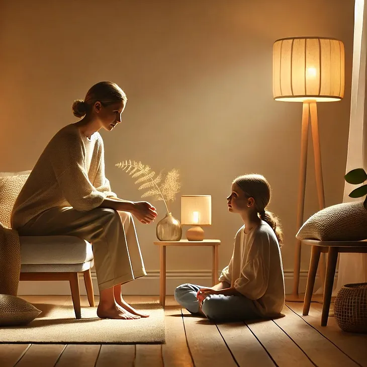 A parent and child sit closely in a softly lit room. The parent listens calmly as the child shares emotions. The scene feels warm and empathetic, emphasizing calm communication.