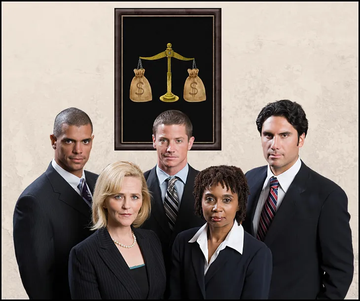 A team of lawyers in front of a photo containing 2 bags of money on a scale.