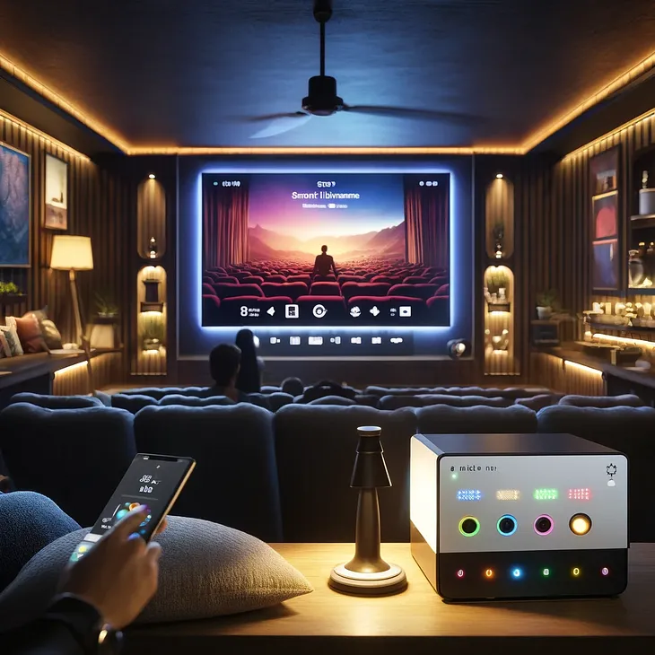 A cozy and inviting home theater room with visible plush seating and a large screen showing a vivid movie scene.